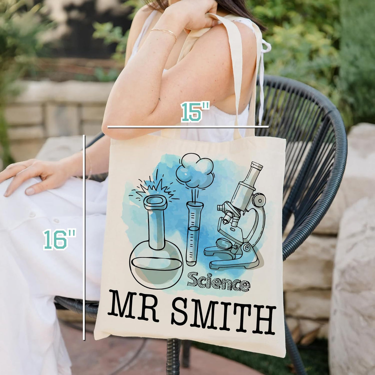 Personalized Teacher Canvas Tote Bag with Custom Name – Cute Apple Rainbow Science Math Design – End of Year Gift for Women Men – Christmas Birthday Mother’s Day Appreciation Bag