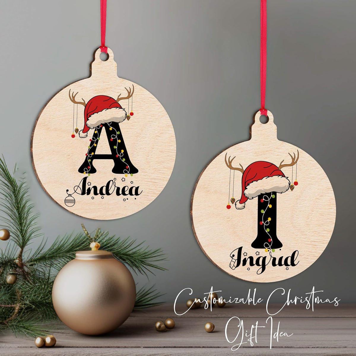 Personalized Christmas Santa Hat Initial Ornament, Customized Wooden Family Name Xmas Tree Decoration, Custom Monogrammed Stocking & Gift Bag Tag