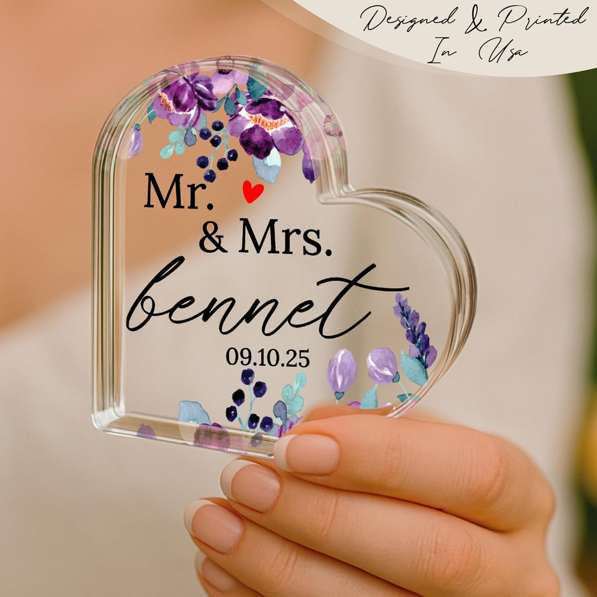 Personalized Heart Acrylic Block with Names and Date, Custom Couple Gift