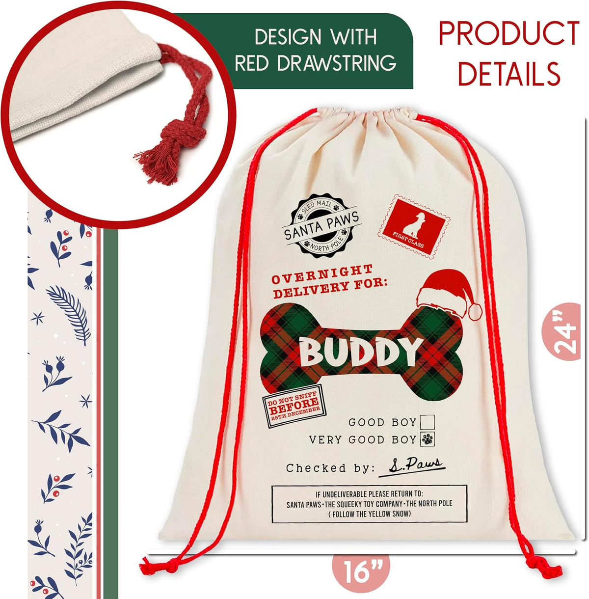 Personalized Pet Christmas Santa Sack, Custom Holiday Gift Bag for Dogs