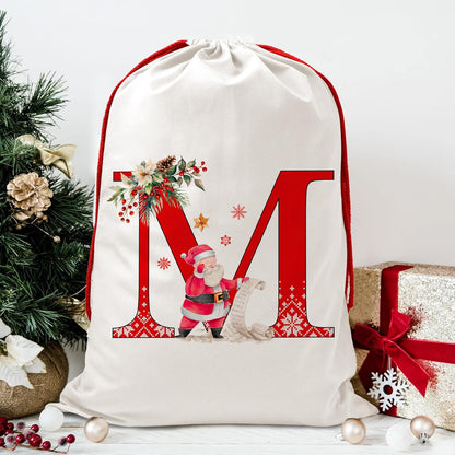 Christmas Gift Santa Sack with Monogram Initials - Holiday Present Bag for Family, Mom & Dad - Pouch for Special Occasions (G)