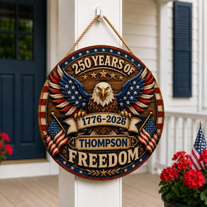 Personalized Eagle Patriotic Door Sign for Front Door, Custom Family Name America 250th Anniversary Wooden Door Hanger, USA 1776-2026 Independence Day 4th of July Wall Decor