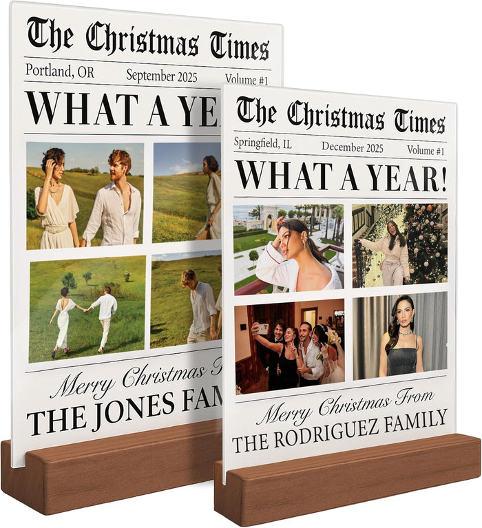 Custom Acrylic Family Sign with Photo & Name – Personalized Christmas “What A Year” Newspaper Plaque – Xmas Home Decoration – Funny Holiday Keepsake Gift for Newlywed, Friends, Couples, Parents