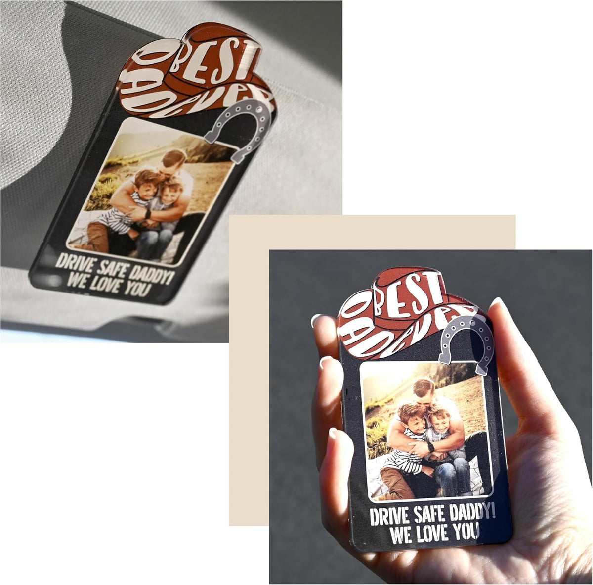 Personalized Cowboy Horseshoe Car Visor Clip – Custom Photo & Message Gift for Dad – Drive Safe Daddy – Cute Father’s Day Car Accessory from Kids – Best Dad Ever