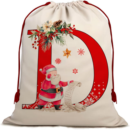 Christmas Gift Santa Sack with Monogram Initials - Holiday Present Bag for Family, Mom & Dad - Pouch for Special Occasions (D)