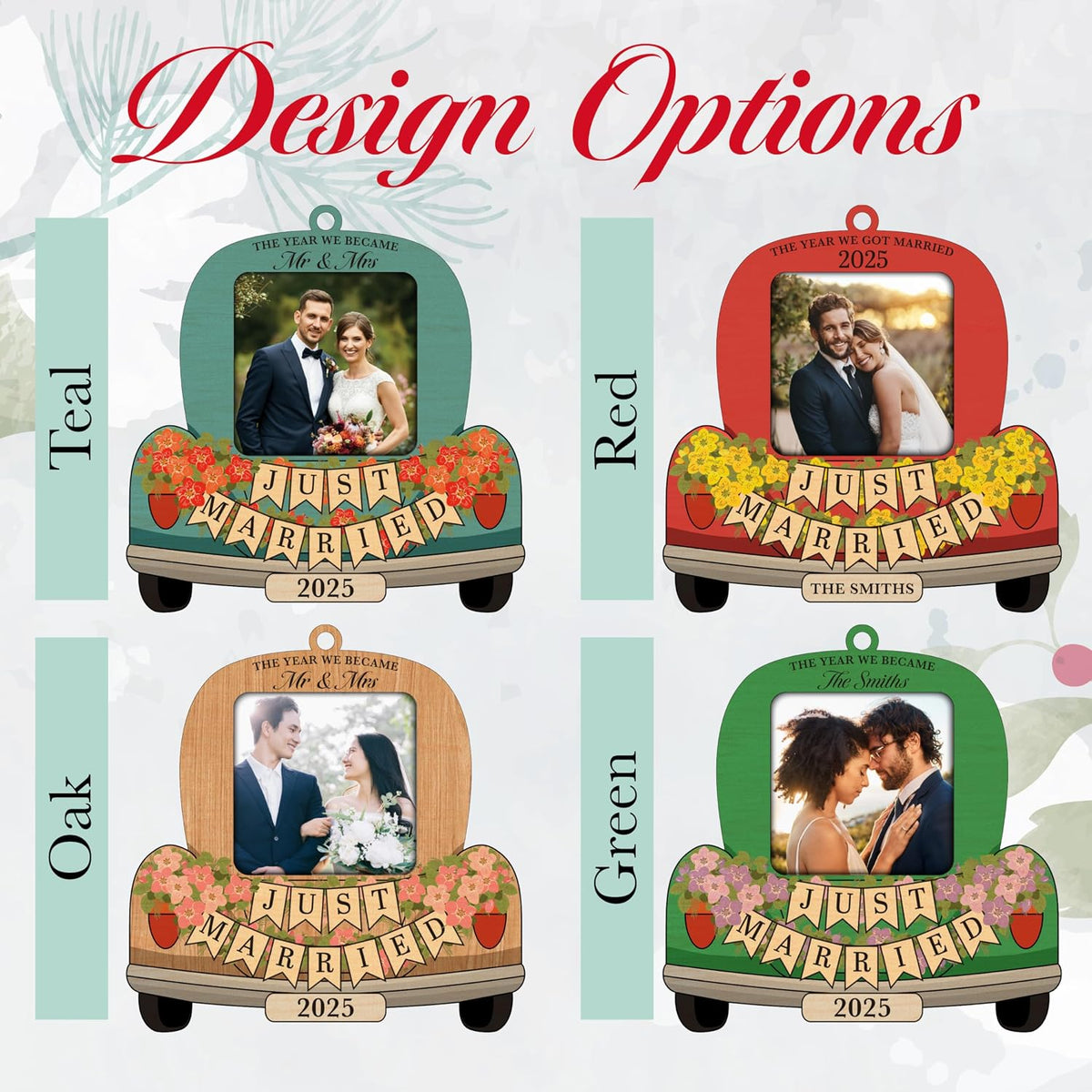 Personalized Just Married Photo Ornament 2026 – Custom Wedding Car Picture Frame Keepsake with Name & Year – Mr & Mrs Newlywed Christmas Tree Decoration – Gift for Couples, Bride, Groom