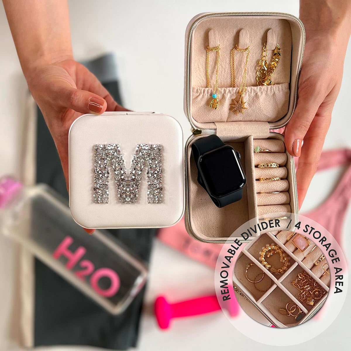 UNIQUE CUSTOM GIFTS Personalized Initial Jewelry Box Gifts for Women - White & Pink Colors - Travel Organizer Case for Girls - Bridesmaid Gift (White Box #K)