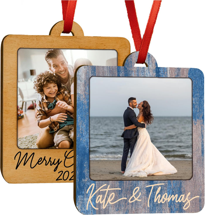Personalized Wooden Photo Frame Ornament - Custom Plywood Christmas Tree Hanging Decoration with Name & Text - Wedding, Baby, Family Picture Keepsake Gift - 8 Color Options, Add Your Photo