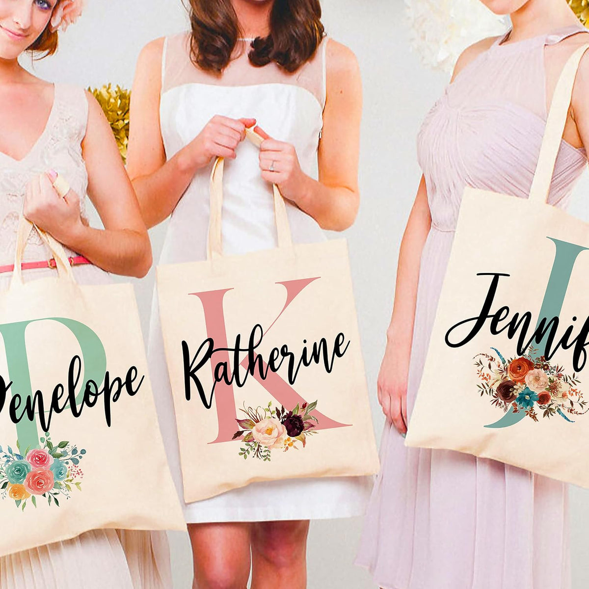 Personalized Bridesmaid Tote Bag with Initial and Name, Custom Floral Gift