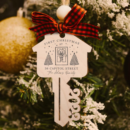 Custom First Christmas in Our New Home Address Key Wood Ornament, Personalized Xmas Housewarming Gift
