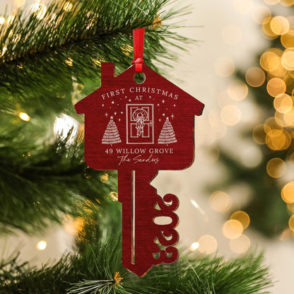 Custom First Christmas in Our New Home Address Key Wood Ornament, Personalized Xmas Housewarming Gift