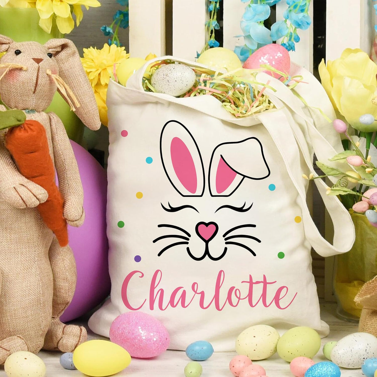 Personalized Easter Egg Hunt Tote Bag with Name, Custom Canvas Holiday Bag