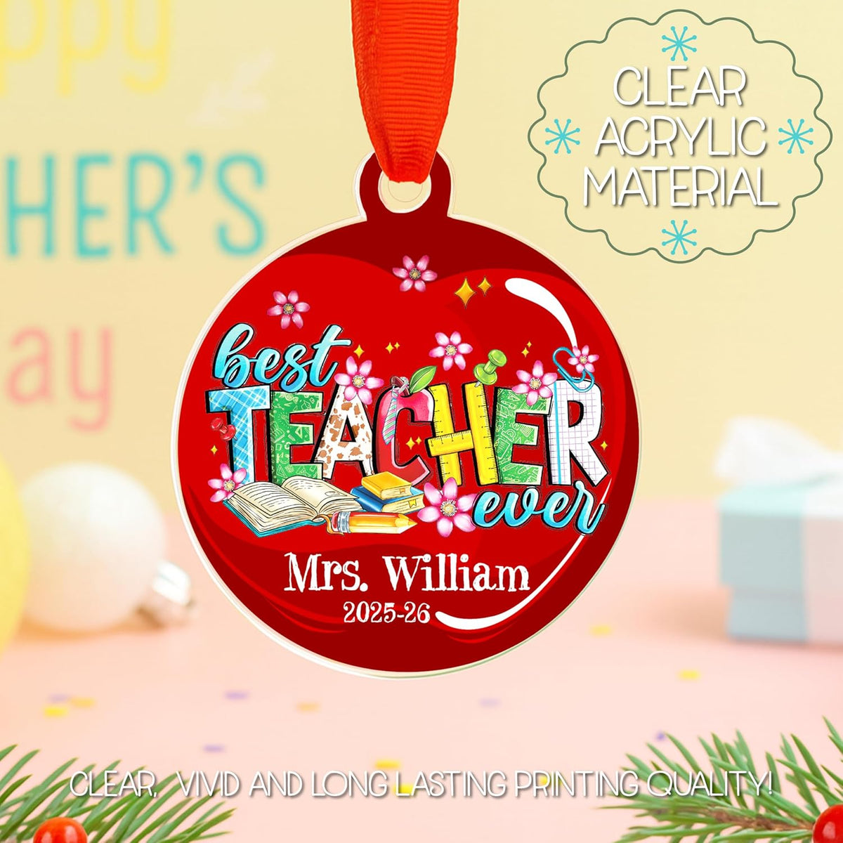Personalized Teacher Christmas Ornament - Custom Acrylic Tree Hanging Gift for Teachers, Classroom Decor for End of Year, First Year, Preschool, Kindergarten, Thank You Gift
