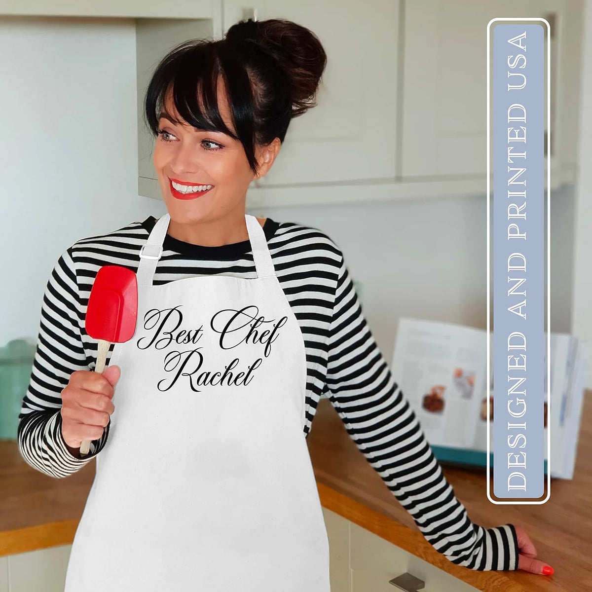 LALALA GIFT LAND Customized Kitchen Chef Apron w/Pockets - Black & White Option - 9 Font - 18 Color - Personalized Chef Apron