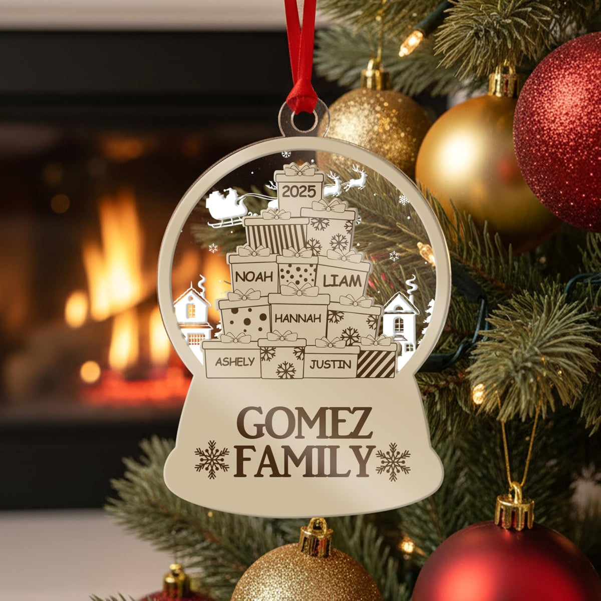Personalized Family Ornament - Custom Snow Globe with Names on Presents - Acrylic Xmas Tree Decoration for Family, Friends, Kids - Add Up to 10 Names & Year - Holiday Keepsake