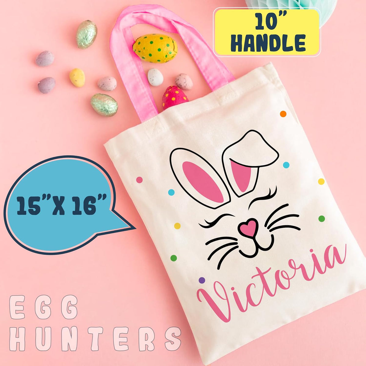 Personalized Easter Egg Hunt Tote Bag with Name, Custom Canvas Holiday Bag