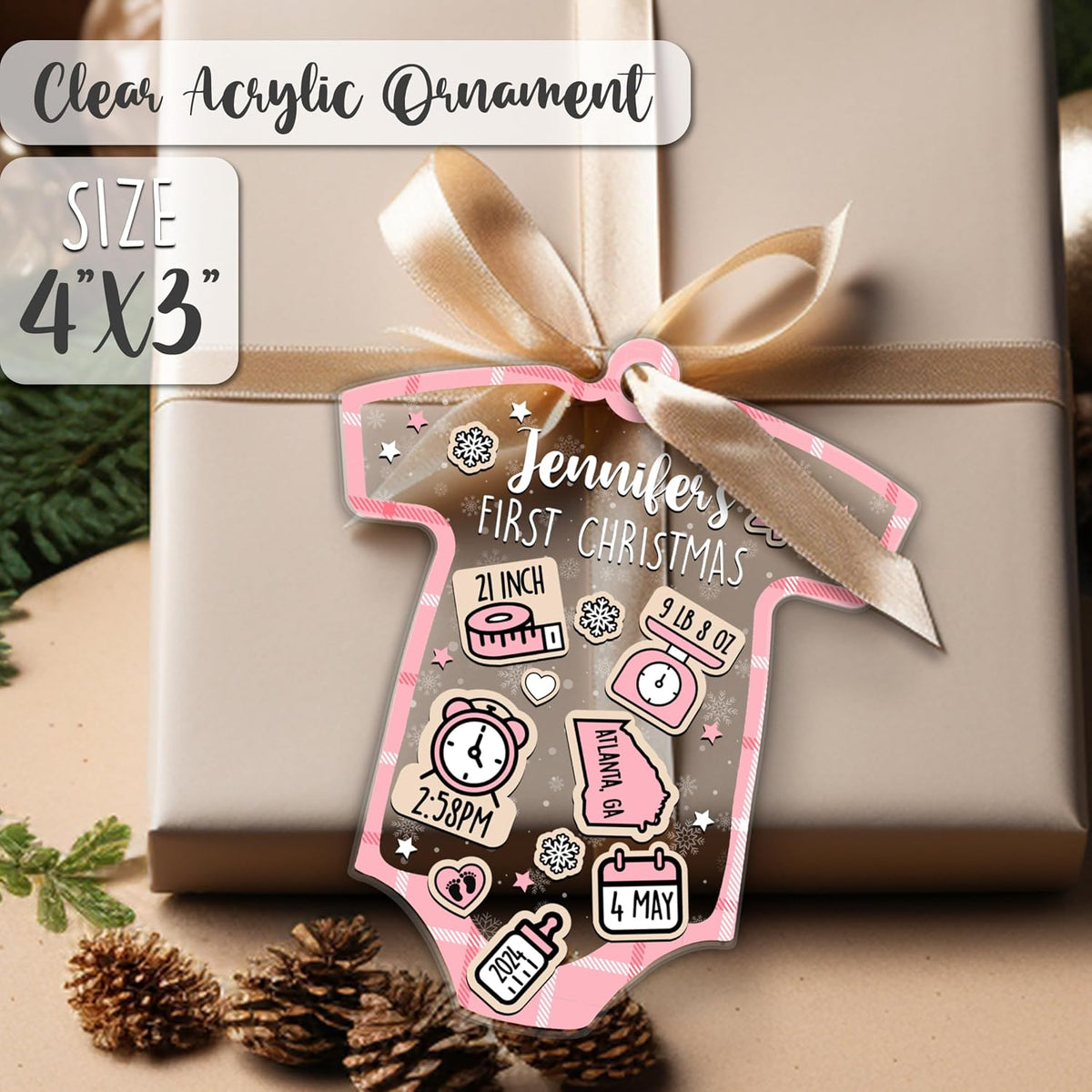 Personalized Baby's First Christmas Ornament - Custom Gift for Christmas & Baby Shower - 4D Baby Shake - Clear Acrylic Tree Hanging Decoration with Name - Unique Newborn Ornament