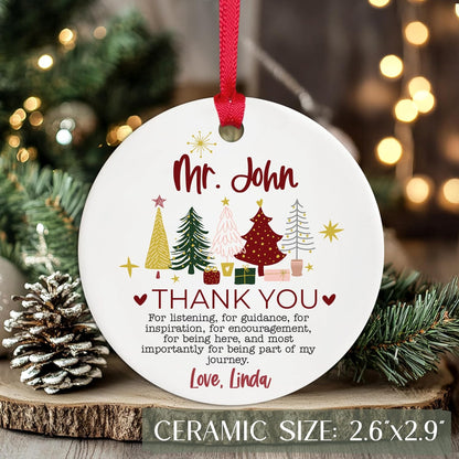 Personalized Teacher Ornament, Custom Name Thank You Gift for Teacher, Mentor or Coach, Ceramic or Acrylic Holiday Keepsake with Message, Appreciation Gift