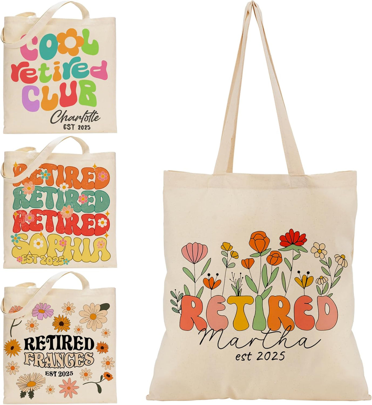 Personalized Retired Tote Bag with Name & Year - Custom Floral Canvas Shoulder Bag Gift for Retired Women, Teachers, Nurses, Coworkers - Retirement Party Favor, Funny Daily Use Bag 15x16 Inch