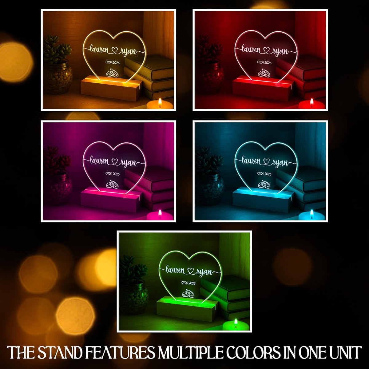 Personalized Heart Night Light with Names, Custom LED Romantic Couple Gift