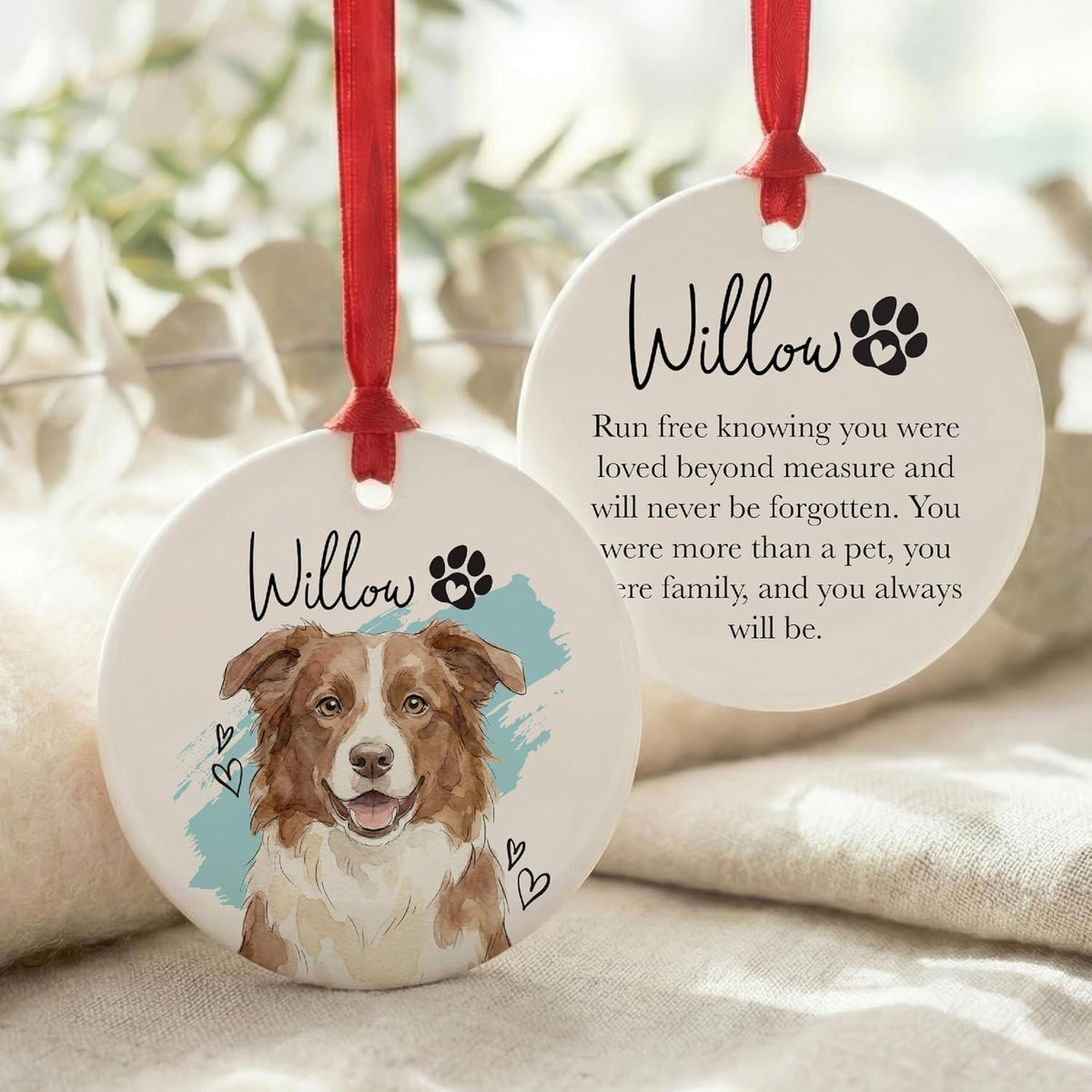 Personalized Pet Memorial Ornament, Custom Dog or Cat Watercolor Portrait with Name, in Loving Memory Option with Years, Round Ceramic Christmas Tree Ornament Gift for Pet Lovers, Keepsake