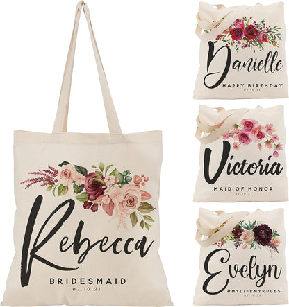 Personalized Wedding Tote Bags Gift for Bride Bridesmaid Women w/Name Text Date - Customized Floral Beach/Travel Canvas Bag - Custom Bridal Shower Bachelorette Party Accessories - Christmas c1 (Single)