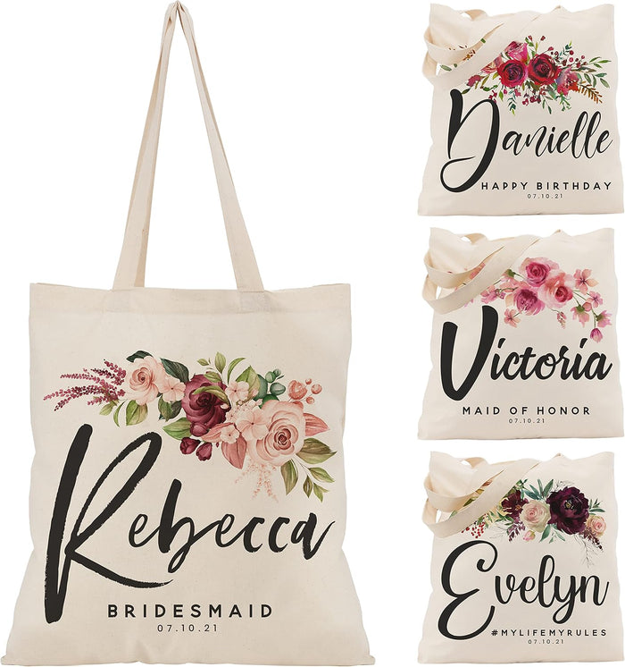 Personalized Wedding Tote Bags Gift for Bride Bridesmaid Women w/Name Text Date - Customized Floral Beach/Travel Canvas Bag - Custom Bridal Shower Bachelorette Party Accessories - Christmas c1 (Single)