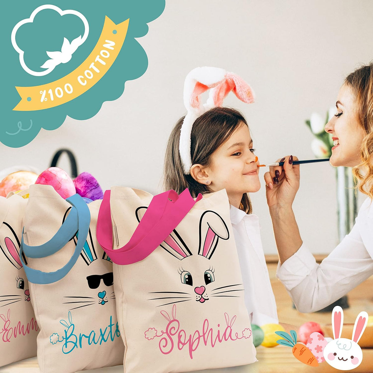 Personalized Easter Bunny Tote Bag with Name, Custom Egg Hunt Gift