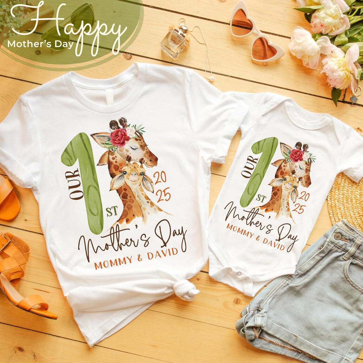 Personalized Our First Mother’s Day Matching Set – Custom Baby Bodysuit & Shirt – Gift for New Mom, Baby Shower, Mother's Day