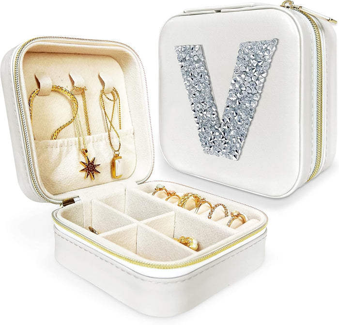 Personalized Initial Jewelry Box Gifts for Women - White & Pink Colors - Travel Organizer Case for Girls - Bridesmaid Gift (White Box #V)