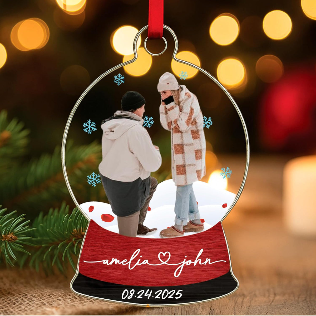 Personalized Christmas Photo Ornament, Custom Acrylic Snow Globe Keepsake with Name, Year & Picture, Holiday Tree Decoration Gift for Couples, Family, Wedding, Engagement, Pet Memorial