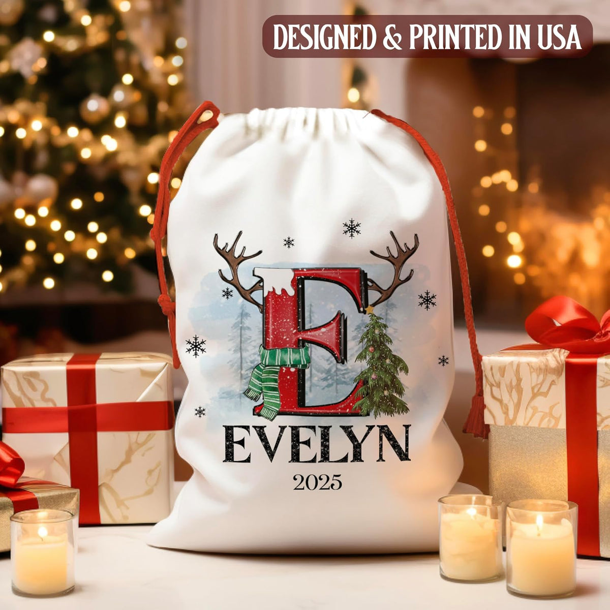 Zexpa Apparel Personalized Christmas Santa Sack, Custom Name & Initial Gift Bag with Reindeer Antlers and Snow Design, Large 24x16 Drawstring Present Bag for Kids, Adults, Family Holiday Decoration
