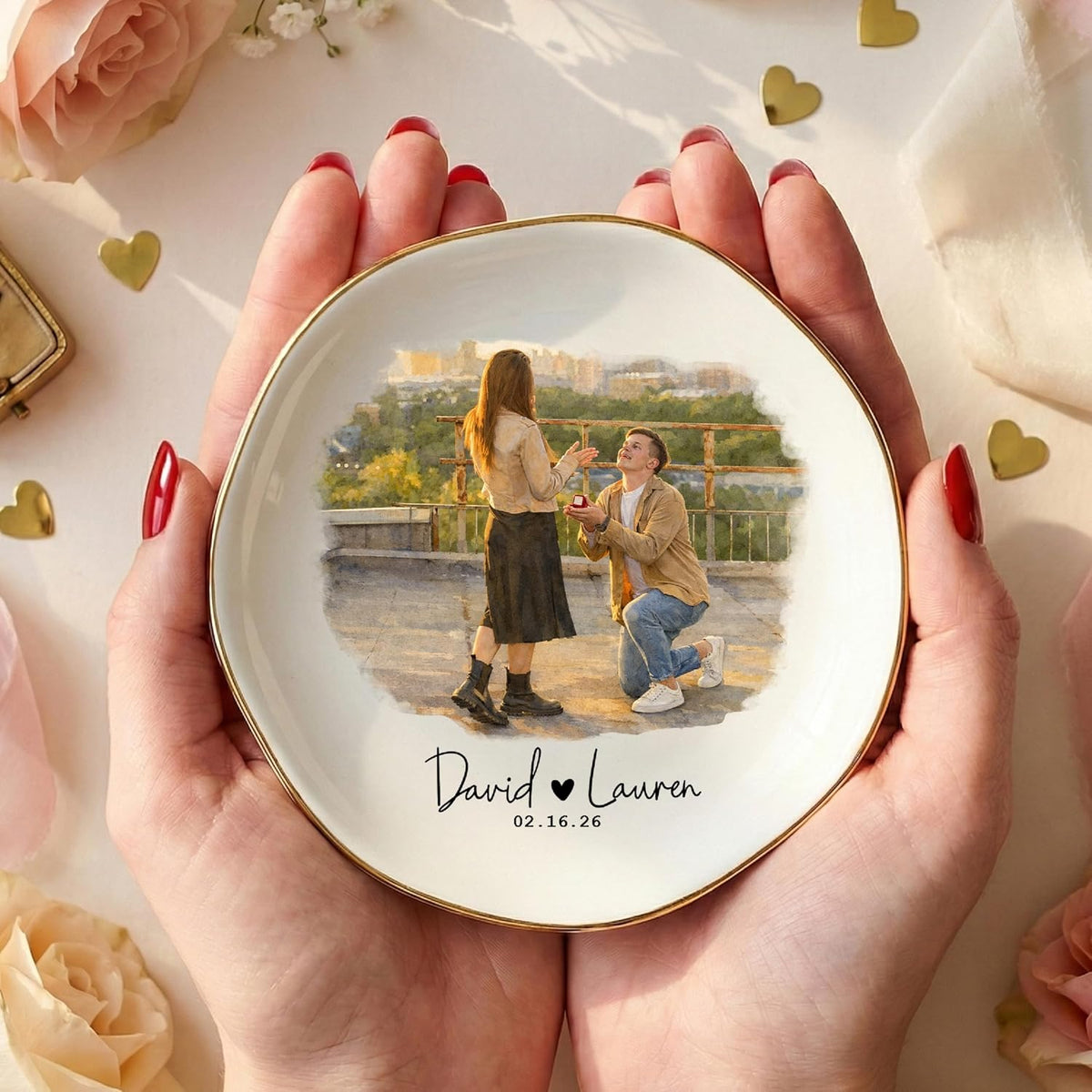 Personalized Proposal Photo Ring Dish Plate – Custom Engagement Gift with Couple Picture, Name & Date – Ceramic Jewelry Tray for Fiancé, Bride to Be, Girlfriend – Valentine’s Day Keepsake