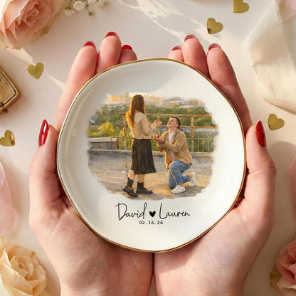 Personalized Proposal Photo Ring Dish Plate – Custom Engagement Gift with Couple Picture, Name & Date – Ceramic Jewelry Tray for Fiancé, Bride to Be, Girlfriend – Valentine’s Day Keepsake