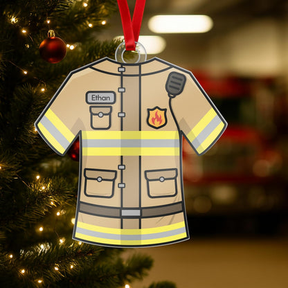 Personalized Firefighter Uniform Ornament – Custom Acrylic Christmas Keepsake with Name on Tan Reflective Design – Fireman Gift for Family, Friends, Hero First Responder Tree Decoration