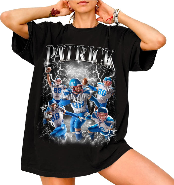 Custom Bootleg Rap Style Patrick Football T-Shirt - Personalized Graphic Tee with Player Name & Lightning Collage - Oversized Unisex Vintage Sports Shirt for Fans, Birthdays, Game Day
