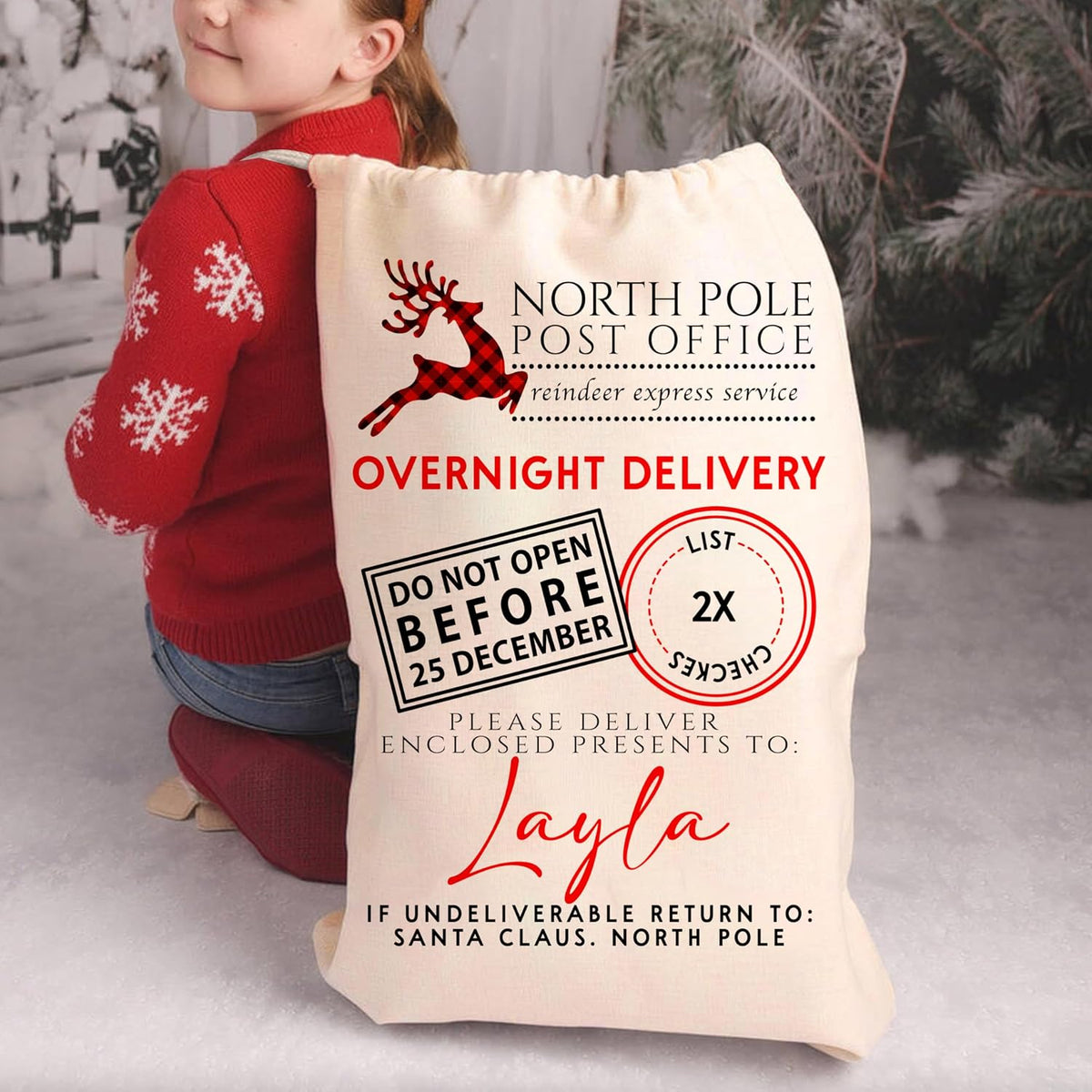Personalized Christmas Santa Sack, Custom Drawstring Xmas Gift Bag
