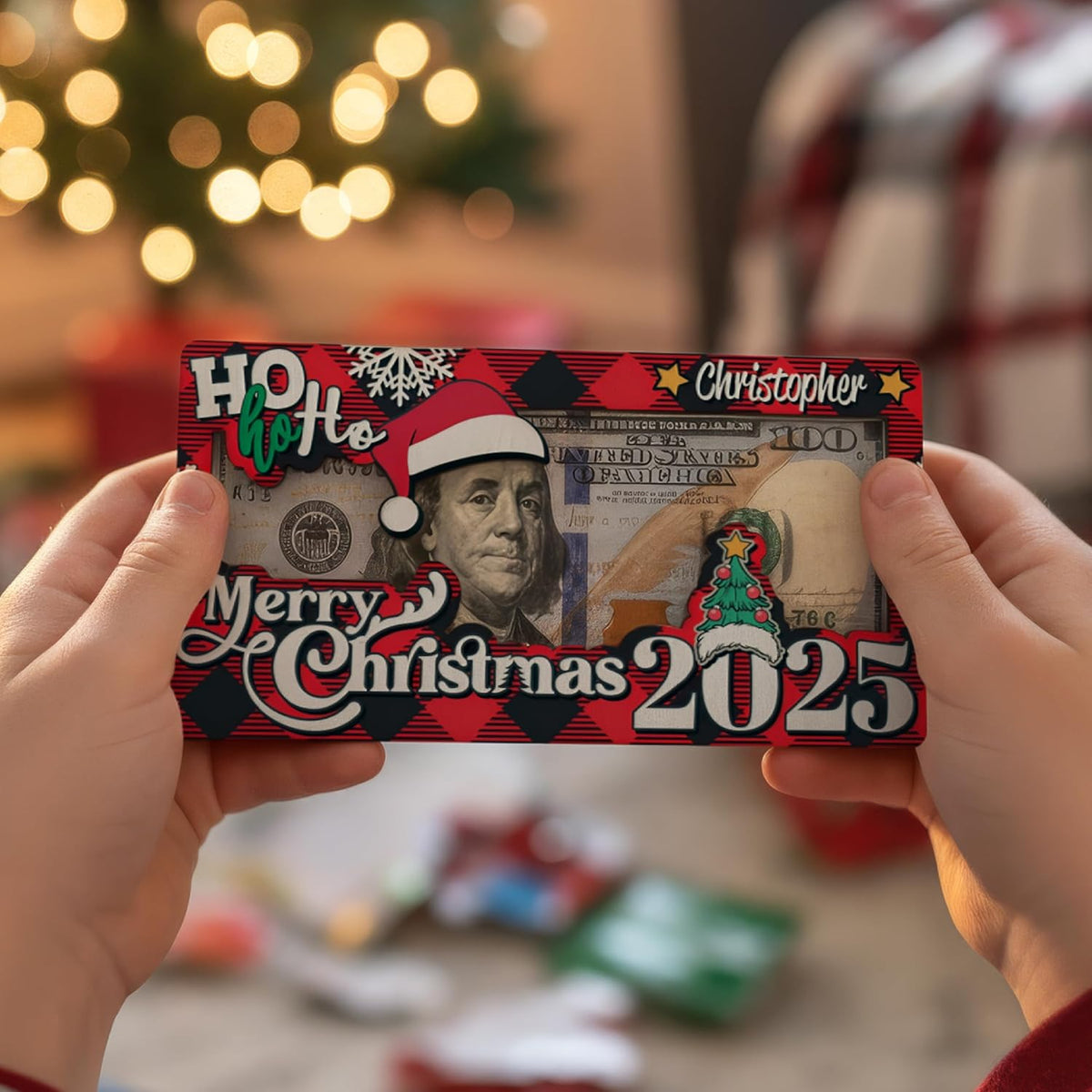 Personalized Christmas Money Holder Card 2025 - Custom Wooden Merry Christmas Bill Frame Gift with Santa Hat Tree & Name - Holiday Cash Holder for Kids, Teens, Family, Friends, Adults