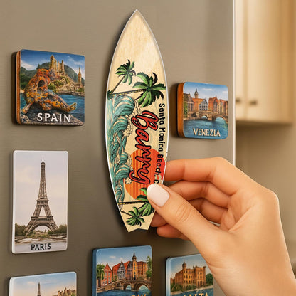 Personalized Acrylic Surfboard Magnet with Name & Beach Location – Custom Tropical Fridge Magnet Gift for Summer Vacation, Beach House Souvenir, Coastal Decor or Birthday for Surfer, Traveler, Friend