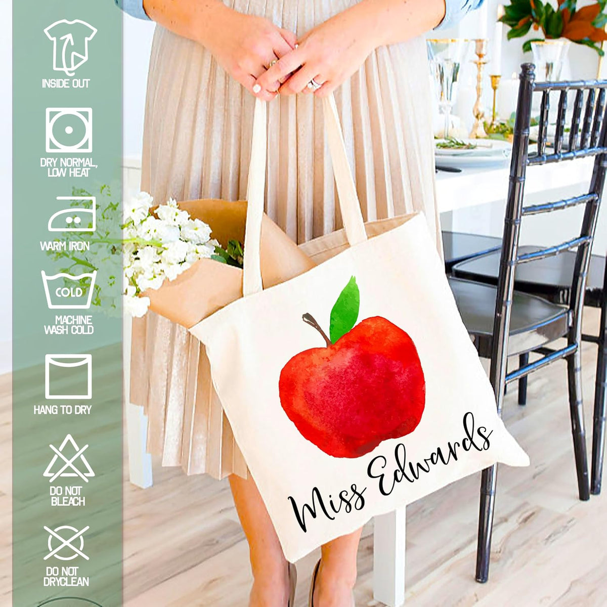 Personalized Teacher Canvas Tote Bag with Custom Name – Cute Apple Rainbow Science Math Design – End of Year Gift for Women Men – Christmas Birthday Mother’s Day Appreciation Bag