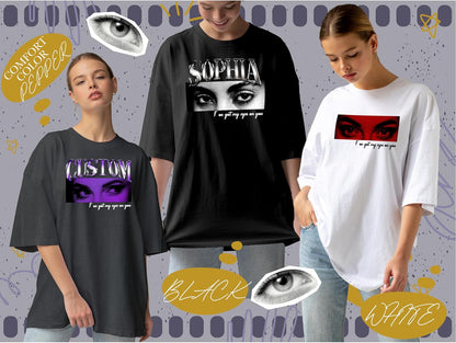 Custom Eyes Name T-Shirt - Personalized Photo Tee with Eye Design and Text - Shirt for Men & Women - Multiple Colors, Sizes & Font - Gift for Birthdays, Valentine's Day, Christmas