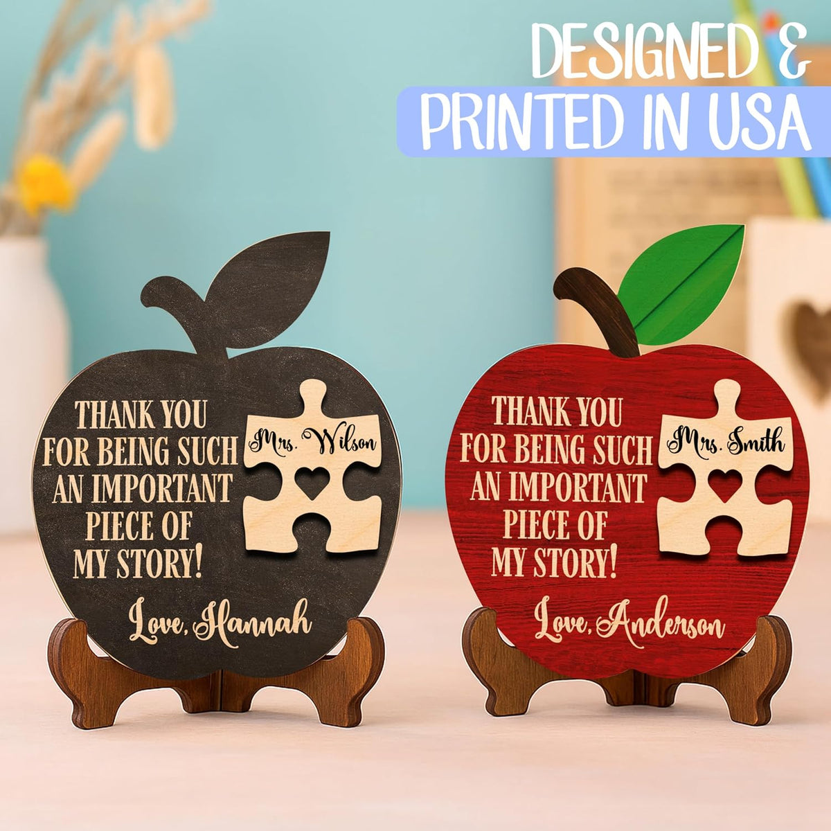Personalized Teacher Apple Puzzle Sign with Name, Custom Thank You Gift
