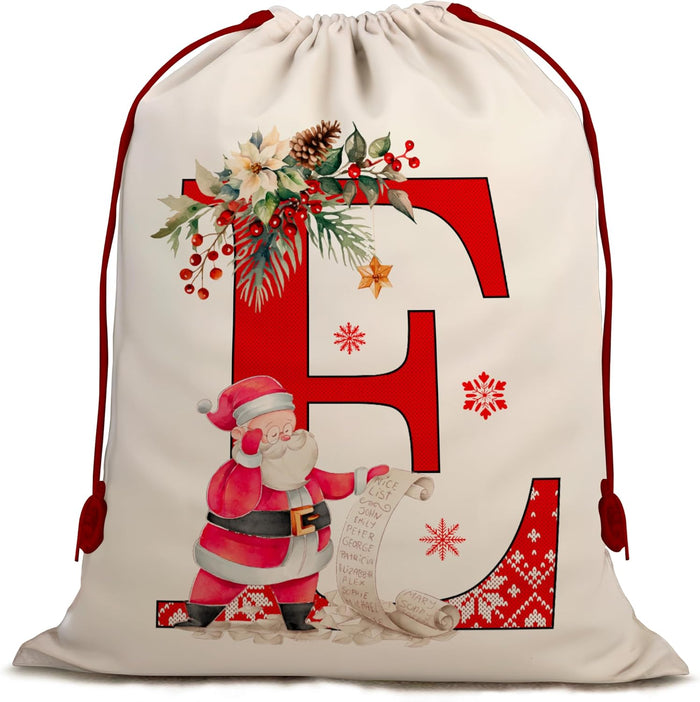 Christmas Gift Santa Sack with Monogram Initials - Holiday Present Bag for Family, Mom & Dad - Pouch for Special Occasions (E)