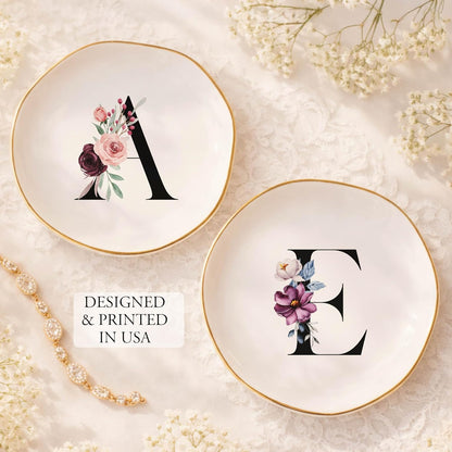 Personalized Floral Initial Ring Dish Jewelry Holder, Custom Monogram Ceramic Trinket Tray with Gold Rim, Bridesmaid Proposal Gift, Wedding Engagement Gift for Bride, Birthday Gift for Women