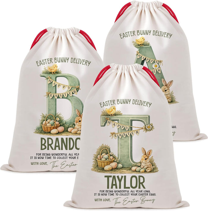Easter Basket Alternative Drawstring Sack Personalized, Easter Bunny Delivery Name Bag with Initial, Custom Easter Egg Hunt Gift Sack for Kids, Spring Treat Bag, Classroom Party Favor