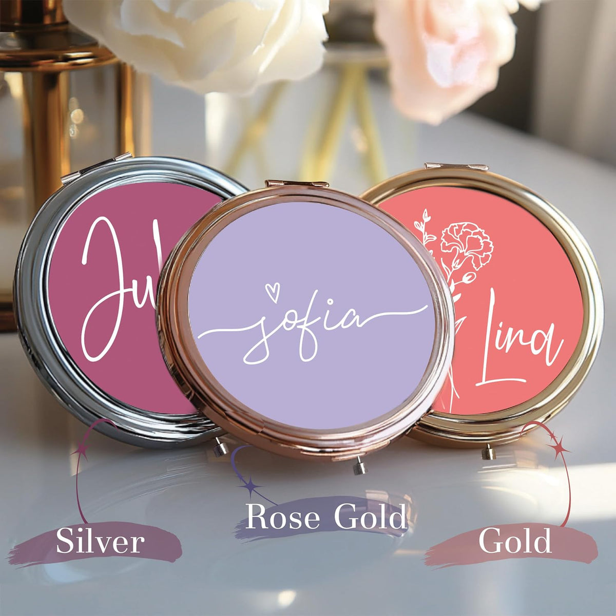 Personalized Compact Mirror Gift for Women – Custom Purse Mirror with Name or Short Text – Bridesmaid Gift, Wedding Favor, Bridal Shower Present or Birthday Keepsake for Mom, Friend or Bride