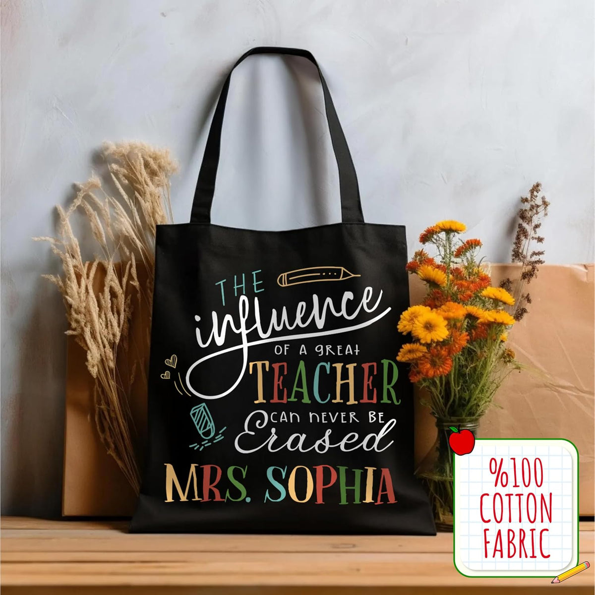Personalized Teacher Tote Bag with Name – Custom Monogrammed Canvas Shoulder Bag – 6 Aesthetic Designs – Teacher Appreciation, Birthday, Christmas Gift for Women, School or Everyday Use