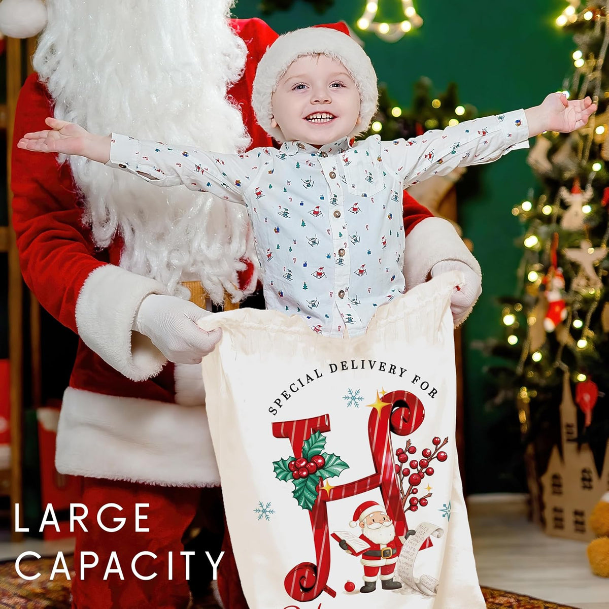 Personalized Christmas Santa Sack with Name, Custom Monogram Holiday Pouch