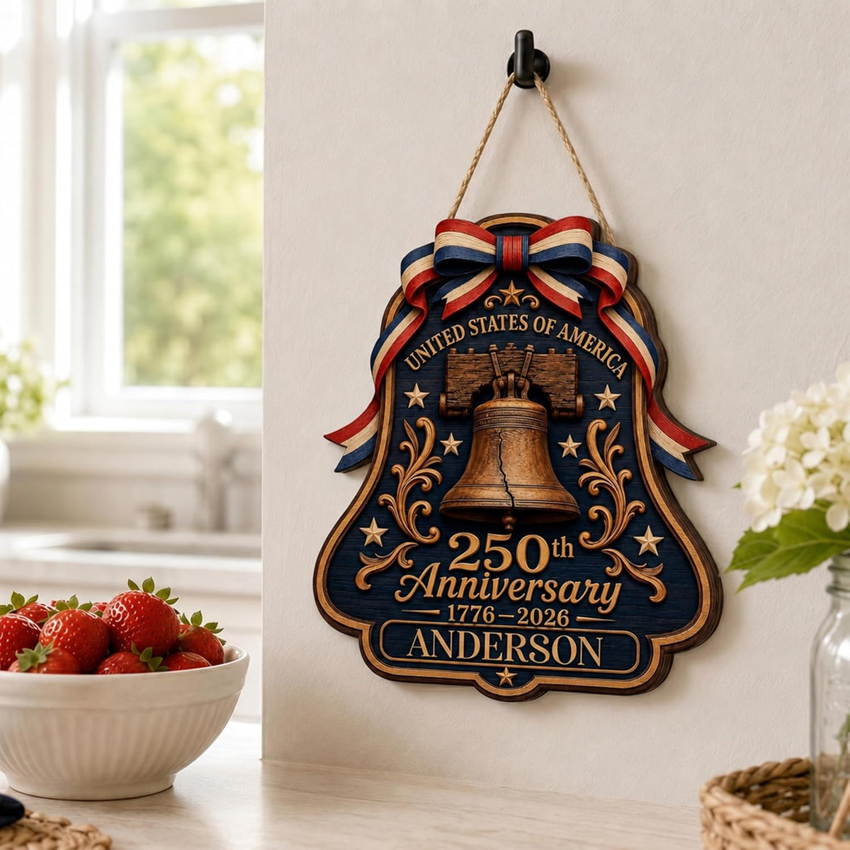 Personalized Eagle Patriotic Door Sign for Front Door, Custom Family Name America 250th Anniversary Wooden Door Hanger, USA 1776-2026 Independence Day 4th of July Wall Decor