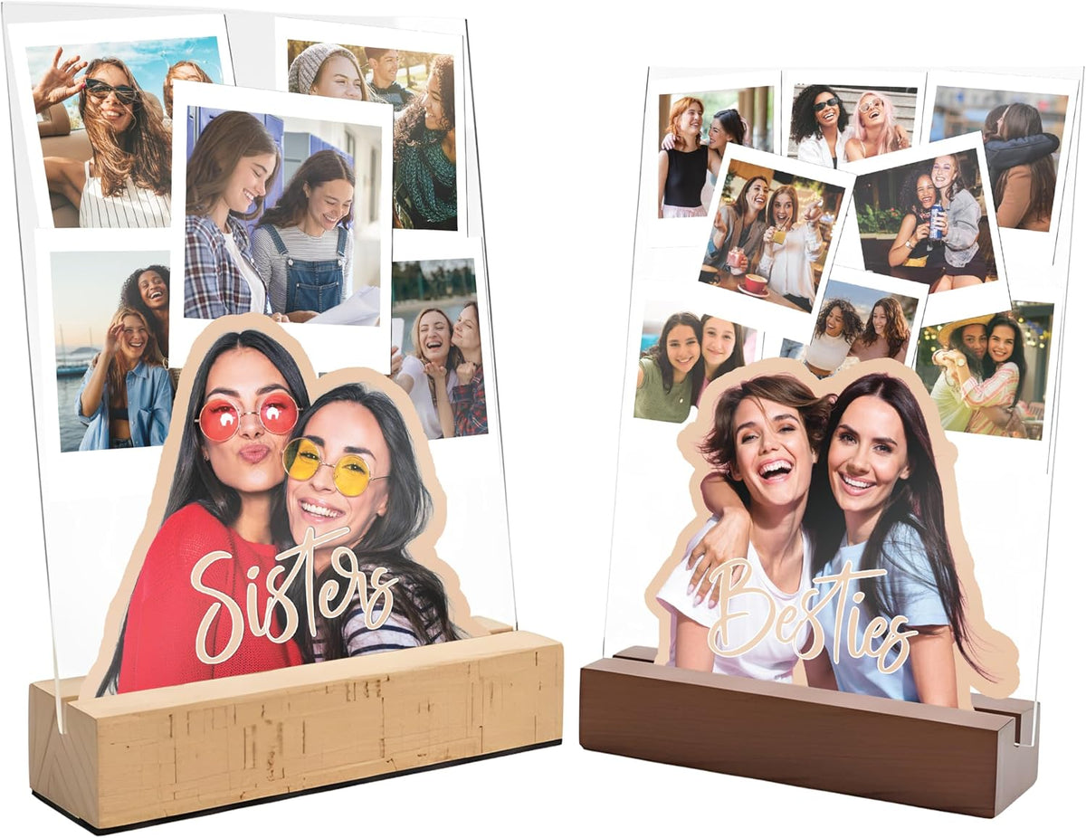 Personalized Besties or Sisters Acrylic Photo Collage Gift with Custom Text & 4–9 Photos – Custom LED or Wood Base Display for Birthday, Friendship, Christmas, Galentine’s Day, Room Decor